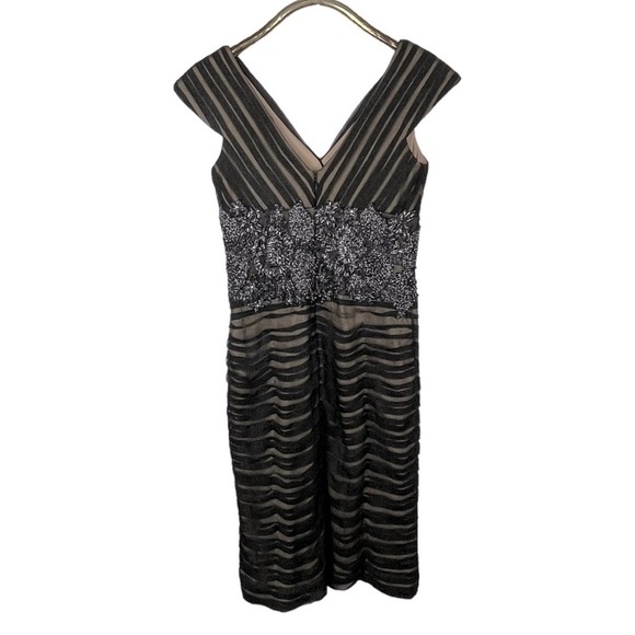 JOVANI V-NECK RUCHED FLORAL LACE BEADED BANDED WAIST ILLUSION SHEATH DRESS - Picture 8 of 16